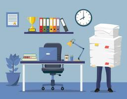 Office interior with desk, chair, computer. Stressed businessman holds pile of office papers and documents. Paperwork. Bureaucracy concept. Stressed employee. vector illustration in flat design.