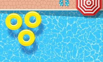 Tres amarillo piscina anillos flotante en un nadando piscina. póster modelo para verano día festivo. verano piscina fiesta bandera con espacio para texto. vector ilustración en plano estilo