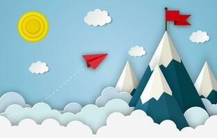 Paper airplanes flying to the top of mountains. Business, stand out of the crowd concept. paper art design and craft style. vector