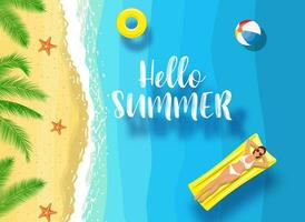 Hello Summer message on marine background. Happy woman on a mattress for swimming. Sea top view. Vector illustration in flat style