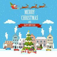 Santa Claus with deers in sky above the town. Winter old town street. Merry Christmas and Happy New Year greeting card. Vector illustration in flat style