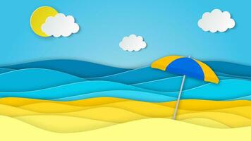 mar paisaje con playa con paraguas, ondas, nubes papel cortar fuera digital arte estilo. resumen azul mar y playa verano antecedentes con papel olas y litoral. vector ilustración