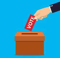 Human hand putting voting paper in the ballot box. vector illustration in flat design, infographics web design elements