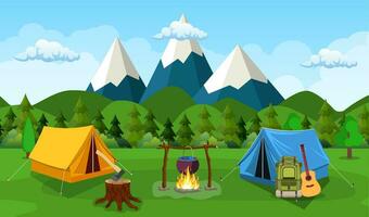 Tourist tent on the background of mountain and wood. vector illustration in flat design