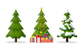 Navidad árbol en 3 diferente situaciones Navidad árbol y fiesta regalos. abeto decorado con un estrella, pelotas y guirnaldas vector ilustración en un plano estilo