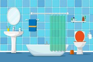 Interior of a bathroom with a toilet and accessories for washing and taking a shower. Vector illustration in flat style