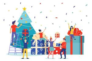 People set christmas tree decoration and give present to each other. celebrate new year. use for, landing page, template, ui, web, homepage, poster, banner, flyer. Vector illustration in flat style