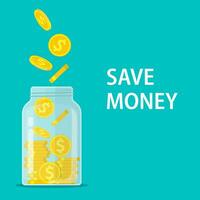 Money Jar. Saving dollar coin in jar. Save your money concept. Vector illustration in flat style