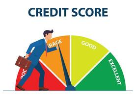 Credit score concept. businessman pushing scale changing credit information from poor to good, excellent. Payment history data meter. Vector illustration in flat style.