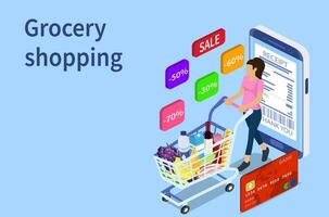 Isometric woman with shopping cart. Shopping and Supermarket concept, Can use for web banner, infographics. Vector illustration in flat style