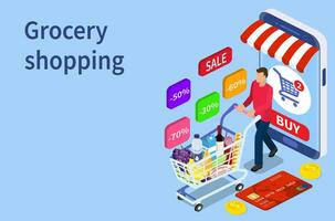 Isometric man with shopping cart. Shopping and Supermarket concept, Can use for web banner, infographics. Vector illustration in flat style