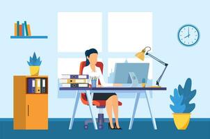 Businesswoman sitting at desk working on computer in office. Office worker working paperwork. Computer on table. Vector illustration in flat style