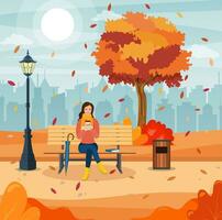 contento niña sentado en un banco con un taza de café, debajo un árbol con que cae hojas en un parque. hermosa otoño ciudad parque con banco. vector ilustración en plano estilo