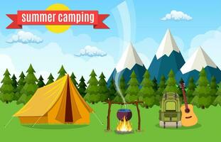 Tourist tent on the background of mountain and wood. vector illustration in flat design