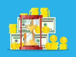 Money with hourglass clock. Return on investment, gold coin increasing chart. Growth, income, savings, investment. Symbol of wealth. Business success. Vector illustration in flat style