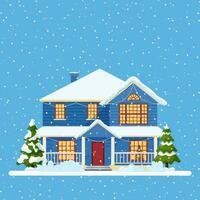 Decorated building for new year eve, home with lights and with fir tree prepared for christmas celebration. New year and xmas celebration. Vector illustration flat style