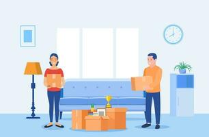 Moving to new house. Man and woman hold boxes in the living room. Home renovation, repair, buying or selling apartment. Vector illustration in flat style