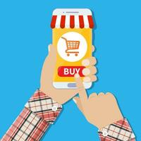 mobile payment concept. Internet shopping concept. E-commerce concept. Shopping online human hand holding mobile phone with shopping cart and buy button on the screen vector