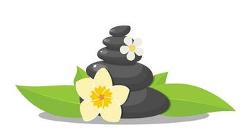 Stack black hot stones with leaves, spa salon accessory. Stack basalt stones for hot stone massage in spa salon. Vector illustration in flat style