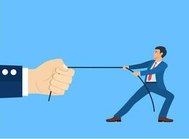 Business Man Pulling the rope from the giant business hand with difficulty. Business inevitably has obstacles. Tug of war. Inequality concept. Corporate conflicts. vector