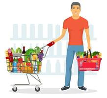 Young man pushing supermarket shopping cart full of groceries. Red plastic shopping basket full of groceries products in hand. Grocery store. Vector illustration in flat style