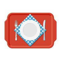 A plastic tray with iron plate knife and fork red checked cloth. vector illustration in flat style