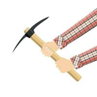 Wooden pickaxe with iron tip in hand. vector