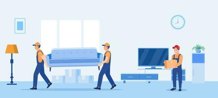 Concept moving house. Men in overalls taking boxes and furniture out of apartment. Moving with boxes to new home. Pile of stacked cardboard boxes. Vector illustration in flat style