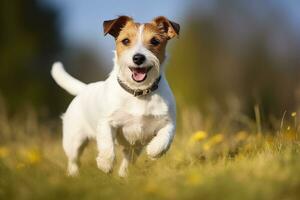 ai generado contento Jack Russell terrier mascota perro espera, escuchando en el césped. ai generado foto