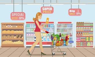 Young woman pushing supermarket shopping cart full of groceries. Vector illustration in flat style