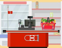 Supermarket store interior with empty store shelves. Big shopping mall. Interior store inside. Checkout counter. Vector illustration in flat style