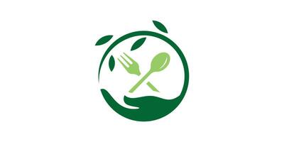 Healthy food logo design, combination of hand shapes with leaves and spoons. vector