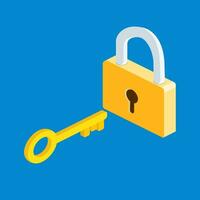 isometric closed lock icons isolated on blue background, yellow padlocks shapes witj key flat illustration concept for web banners, mobile app, web sites, printed materials, infographics vector