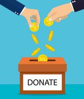 hands depositing coin in a carton box with text banner donate. Donate dollar currency. Vector illustration in flat style