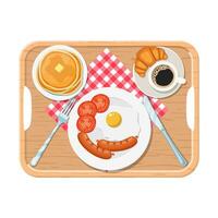 Wooden tray. Breakfast concept. Appetizing delicious breakfast of coffee, fried egg with sausage, croissant and pancakes . Vector illustration in flat style