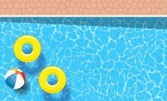 dos amarillo piscina anillos y pelota flotante en un nadando piscina. póster modelo para verano día festivo. verano piscina fiesta bandera con espacio para texto. vector ilustración en plano estilo