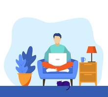 man with laptop sitting on the chair. Freelance or studying concept. web page design template for online education, training and courses, learning, video tutorials. Vector illustration in flat style