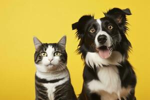 ai generado gato y perro juntos con contento expresiones en amarillo antecedentes. ai generado foto