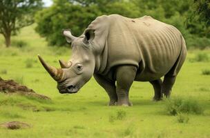 AI generated White Rhino grazing. AI Generated photo