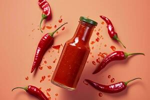 AI generated Tabasco hot pepper sauce with red chili pepper, flat lay. Generative AI photo