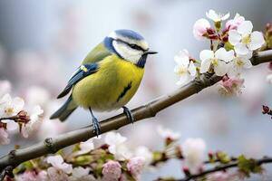 ai generado un bluetit pájaro descansando en el rama de un árbol. ai generado. foto