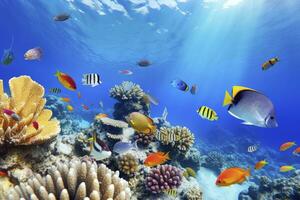 AI generated Underwater world with corals and tropical fish. Generated AI. photo