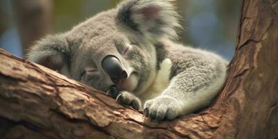 AI generated Koala asleep in tree. AI Generated photo