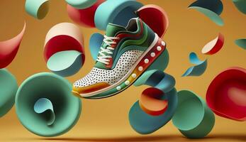 AI generated Flying trendy sneakers on creative colorful background, Stylish fashionable concept. AI Generated photo