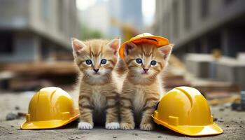 ai generado dos gatitos vistiendo difícil sombreros en un construcción sitio. generativo ai foto