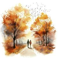 AI generated Watercolor autumn landscape with a couple walking. AI Generated photo