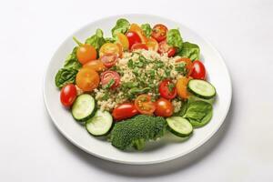 AI generated Salad with quinoa, spinach, broccoli, tomatoes, cucumbers and carrots. AI Generated photo