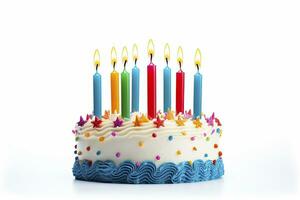 AI generated Colourful birthday cake with candles isolated on white background. AI Generated photo