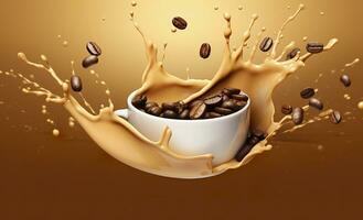 AI generated hot liquid coffee splash with Coffee Bean falling, 3d illustration. AI Generated photo