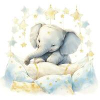 AI generated An elephant on a bed with stars and blankets around the circle. AI Generated photo